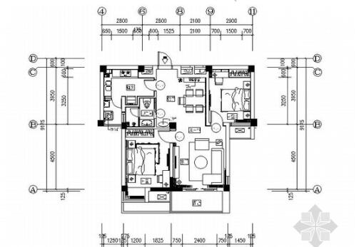 武汉花园洋房时尚两居室样板间装修施工图（有效果实景