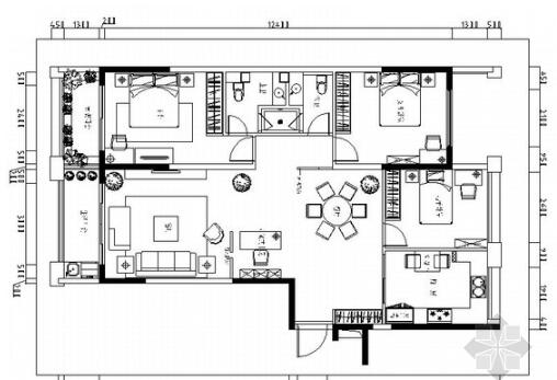 浙江义乌现代风质朴三居室住宅装修CAD施工图（有效果图