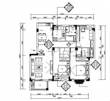 江西现代风新中式风格三居室样板间CAD装修施工图（有效果）