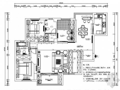 138㎡简欧风格三居室样板间CAD装修施工图（有效果）