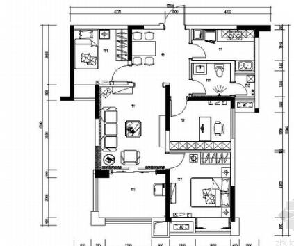 湖北地中海温馨舒适2居室室内设计CAD施工图（有效果图