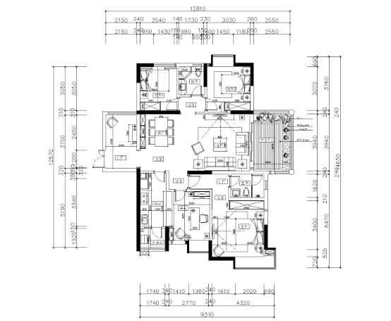 欧式美式风格三居室住宅装修施工图+效果图