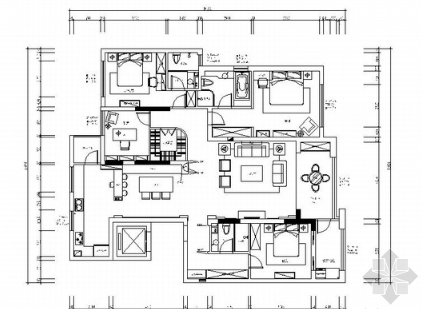 南通精品英式山水田园四居室样板间CAD装修施工图（有软装