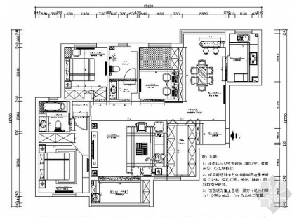 138㎡简欧风格三居室样板间CAD装修施工图（有效果）