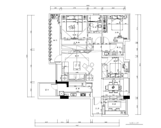 现代风风格三居室住宅装修施工图+​效果图