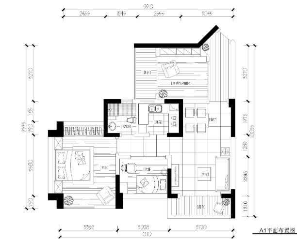 现代风风格两居室样板间装修施工图+效果图