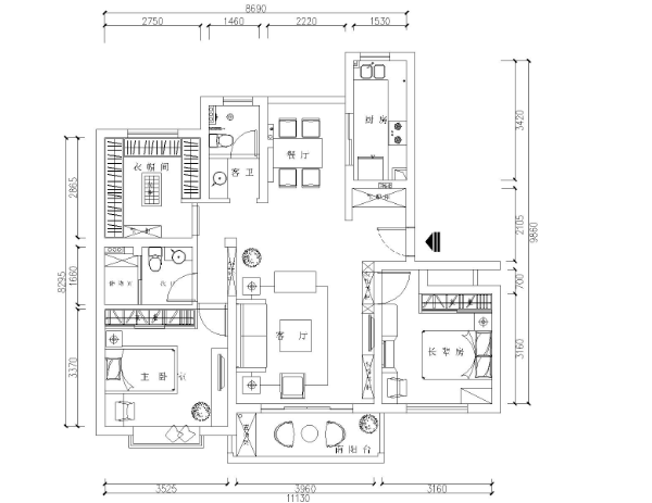 现代风简约风格两居室住宅装修施工图+效果图