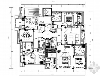 奢华欧式美式风格三居室室内装修CAD施工图（有效果图）