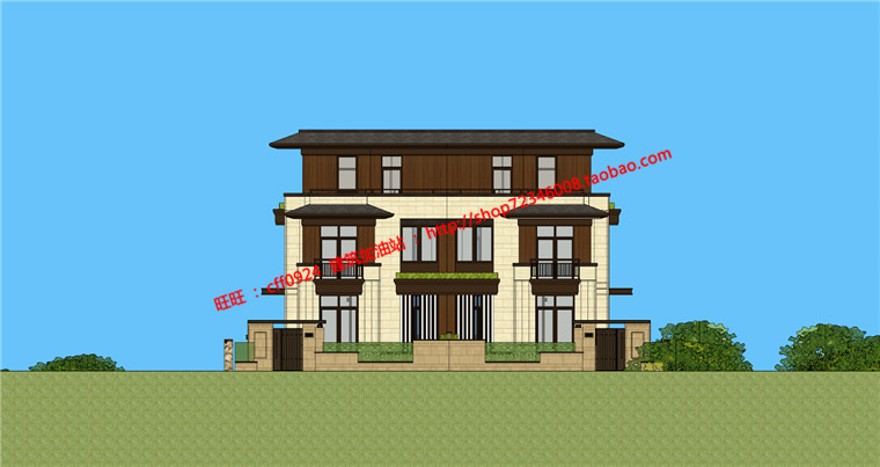 su模型+cad施工图平立剖双拼新古典商业别墅建筑方案设计