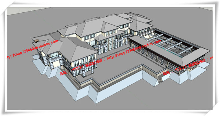 建筑图纸139西班牙公建会所欧式美式平面立面总图su模型+cad图纸+3Dmax