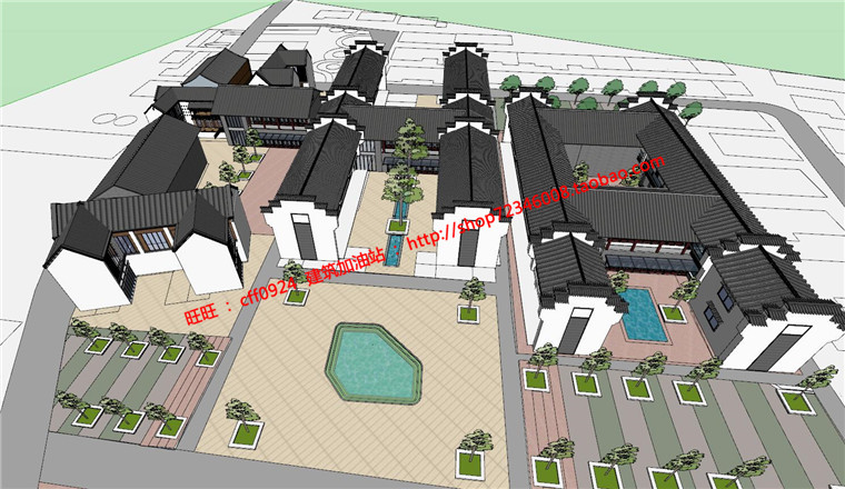 徽派古商业街老街改造古典园林风格cad总图su模型psd排版