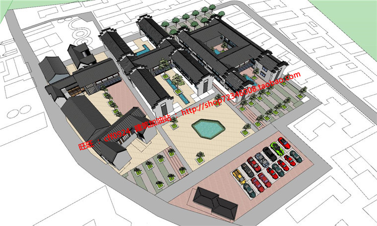 徽派古商业街老街改造古典园林风格cad总图su模型psd排版