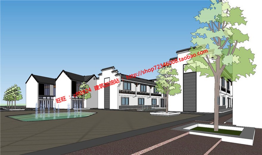 徽派古商业街老街改造古典园林风格cad总图su模型psd排版
