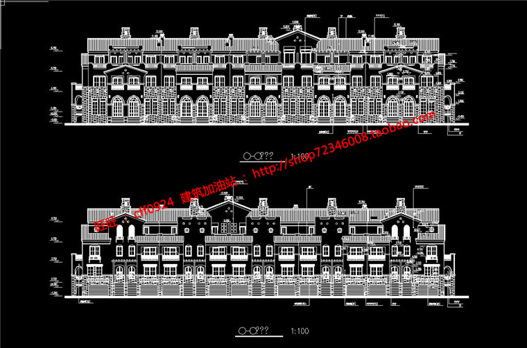 联排商业别墅住宅3层农村商业别墅自建房cad施工图平立剖效果图