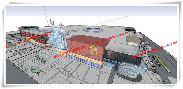 建筑图纸191商业中心/商业/商场建筑设计CAD图纸各层平面和SU模型