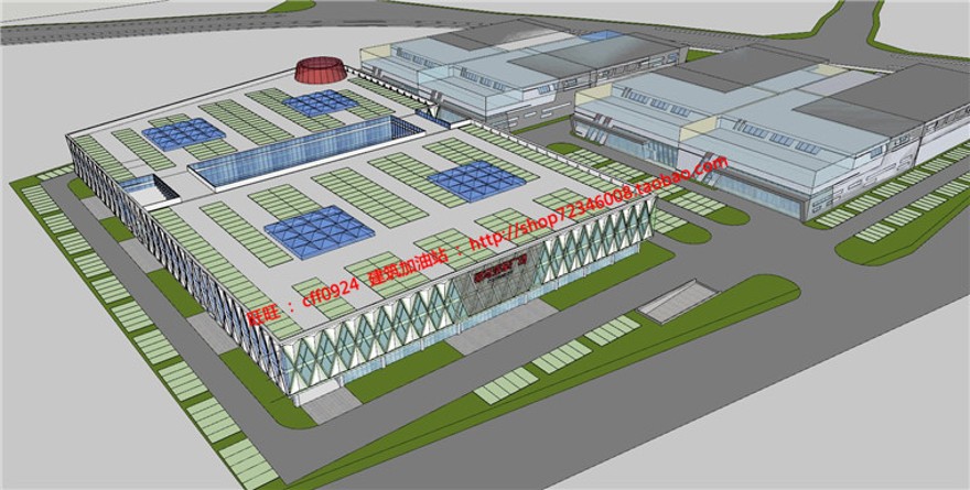 汽车城服务中心汽配城设计cad总图su模型效果图文本jp建筑资源