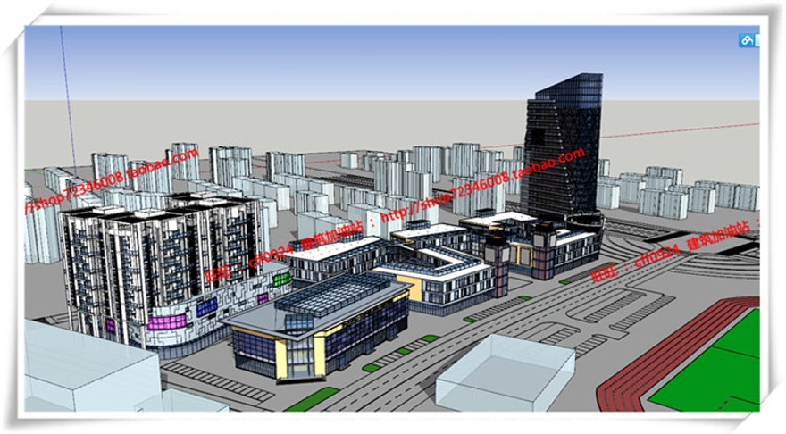 建筑图纸198办公商业现代风商业设计综合体su模型+cad图纸+效果图+3Dmax