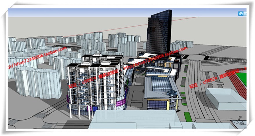 建筑图纸198办公商业现代风商业设计综合体su模型+cad图纸+效果图+3Dmax