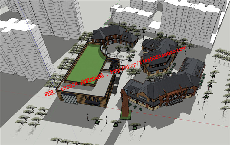 cad总图+su精细模型+效果图简欧多层商业步行街建筑方建筑资源