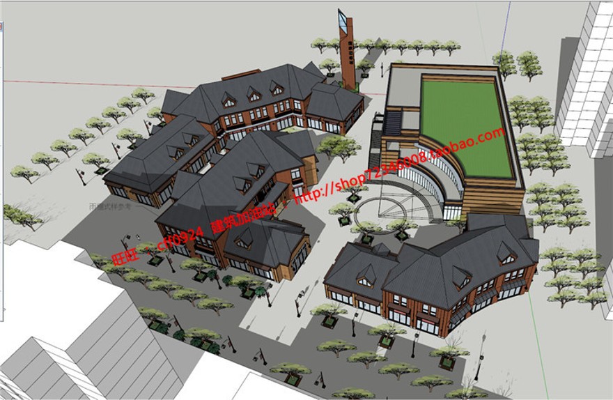 cad总图+su精细模型+效果图简欧多层商业步行街建筑方建筑资源