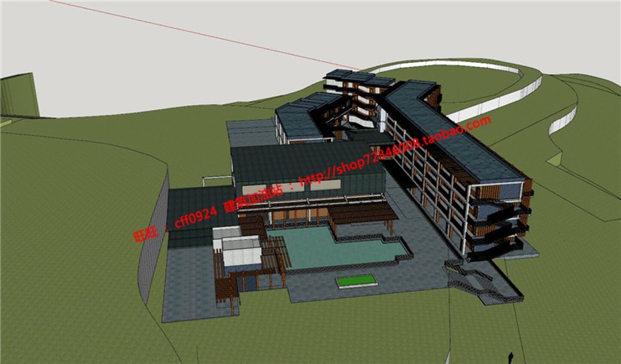 山地住宅旅馆建筑方案设计cad图纸总图平面效果图su模型