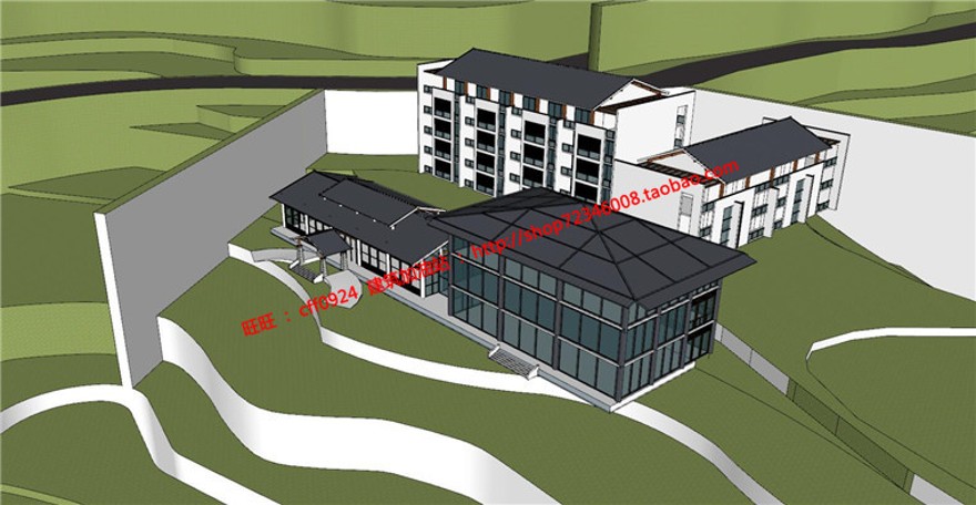 古典园林风格山地住宅旅馆方案设计cad图纸su模型展板效果图
