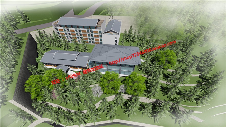 古典园林风格山地住宅旅馆方案设计cad图纸su模型展板效果图