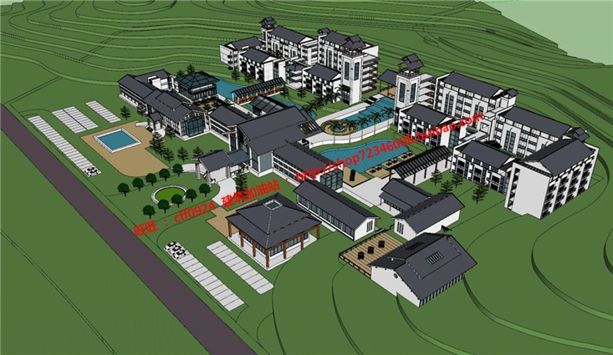 山地住宅特色旅游旅馆温泉度假旅馆设计学生作业cad图纸su精细模型