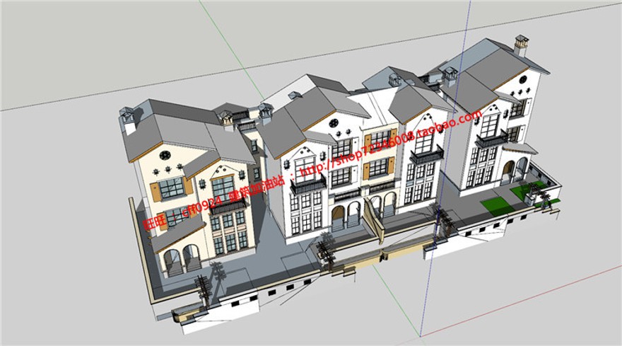 su模型+cad图纸+效果图西班牙风格联排商业别墅花园洋房住建筑资源