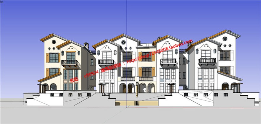 su模型+cad图纸+效果图西班牙风格联排商业别墅花园洋房住建筑资源