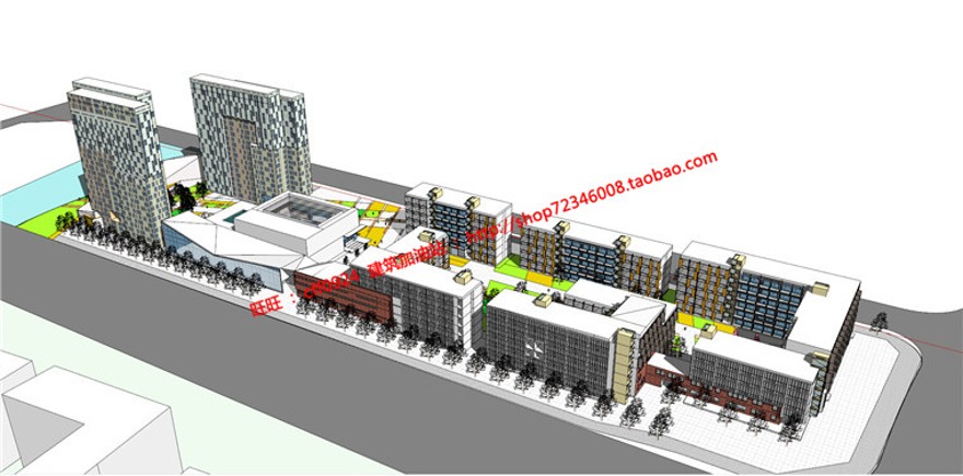 产业园区办公楼科研楼su模型+cad图纸+效果图+文本
