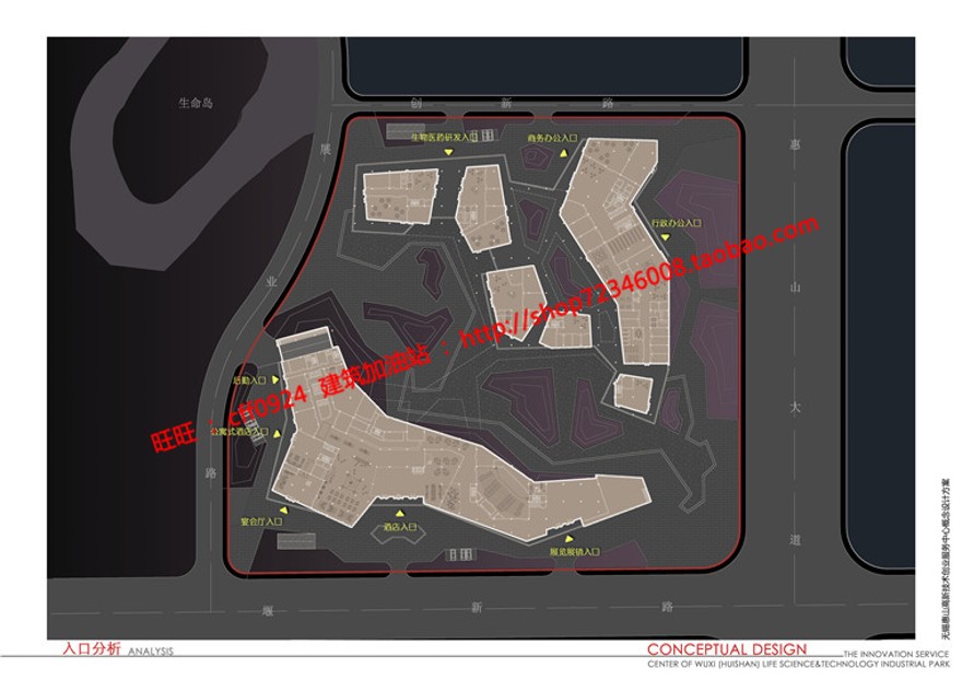 cad总图/平面剖面现代风办公科技园区服务中心jpg效果图建筑资源