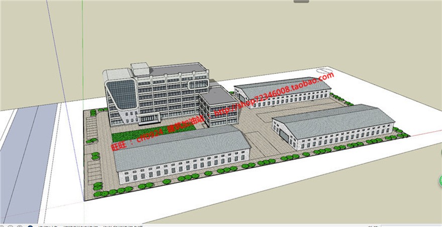 多层办公楼厂区办公设计su模型+cad图纸+效果图
