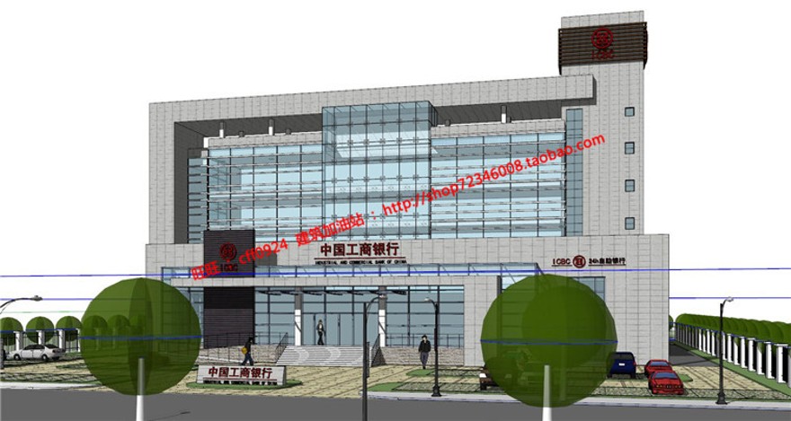 银行办公方案改造设计su模型cad图纸总图平面立面