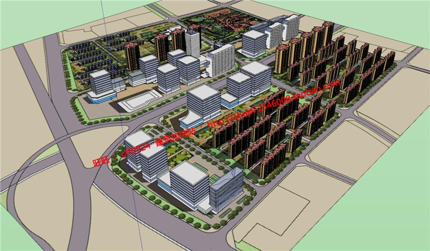 城市规划设计规划设计su模型cad总图及psd彩色总平效果图鸟瞰建筑资源