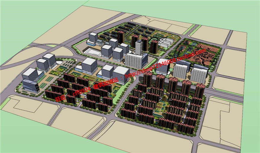 城市规划设计规划设计su模型cad总图及psd彩色总平效果图鸟瞰建筑资源