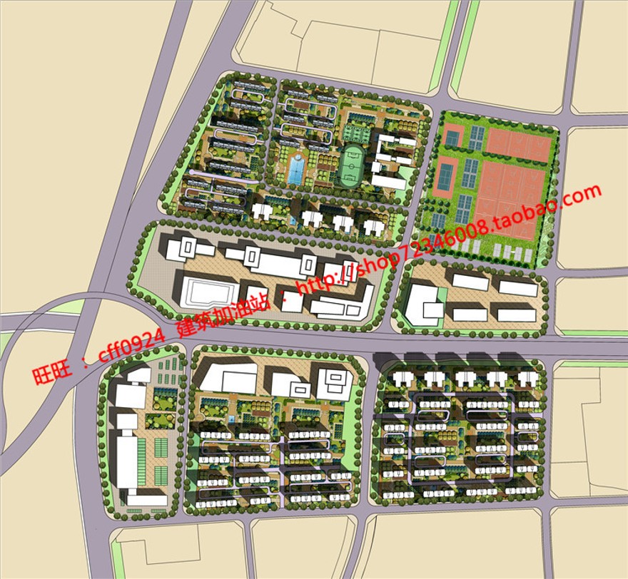 城市规划设计规划设计su模型cad总图及psd彩色总平效果图鸟瞰建筑资源