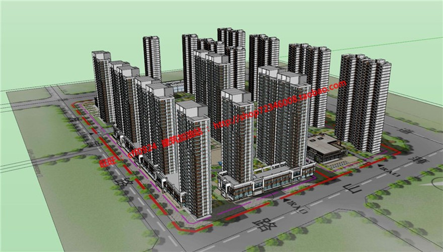 居住小区住宅规划设计su模型cad图纸psd效果图彩平