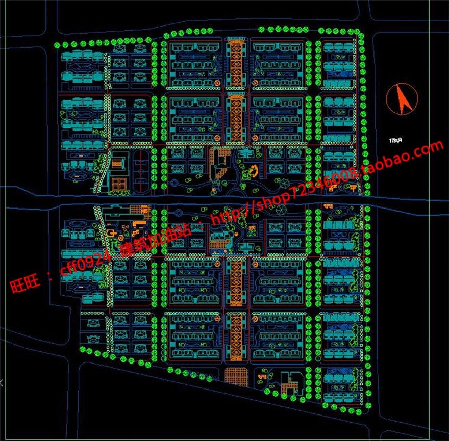 大面积小区规划规模化生活区设计cad总图彩色总平面