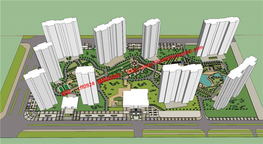 小区规划住宅区景观设计图纸cad总图su模型鸟瞰效果图