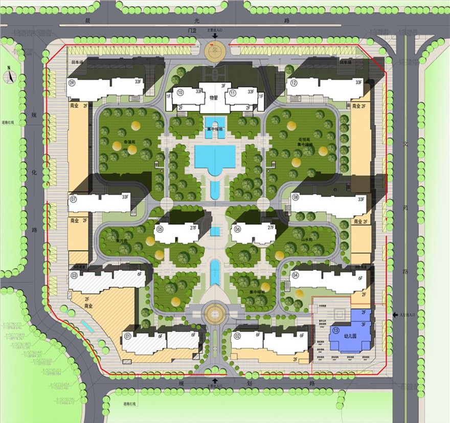 完整住宅区小区规划设计cad总图psd彩色总平分析图