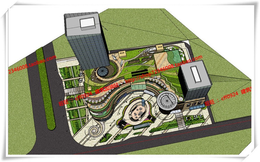 建筑图纸185景观设计/商业区景观广场/SU模型+cad图纸+效果图+文本