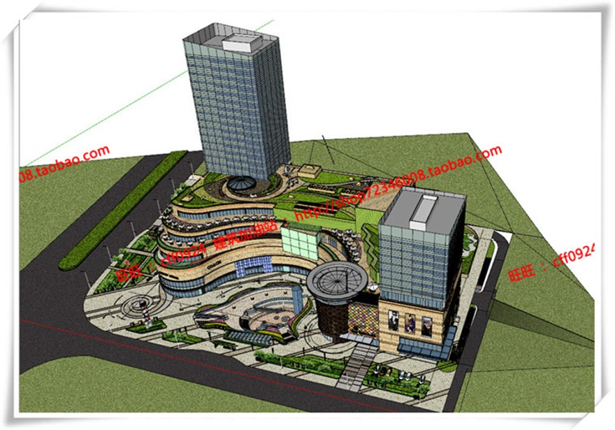 建筑图纸185景观设计/商业区景观广场/SU模型+cad图纸+效果图+文本