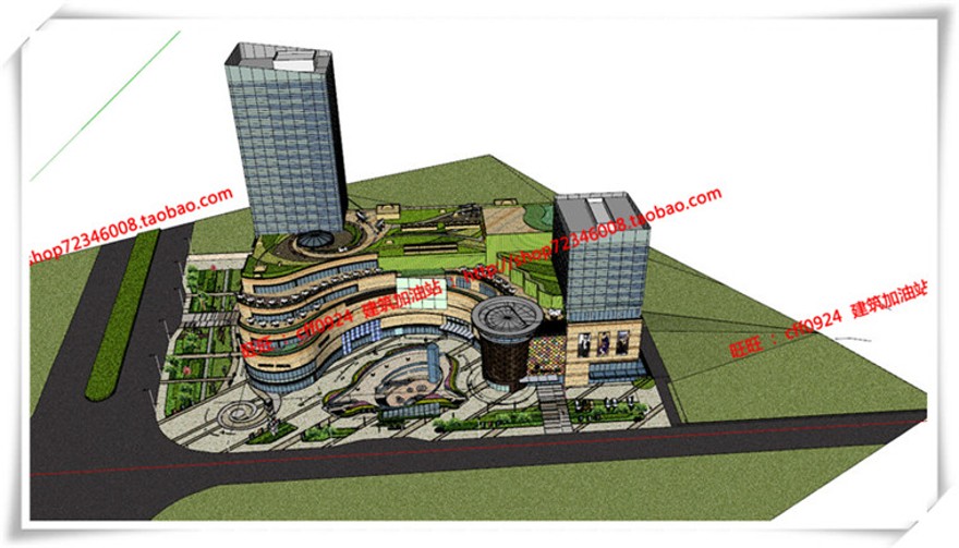 建筑图纸185景观设计/商业区景观广场/SU模型+cad图纸+效果图+文本