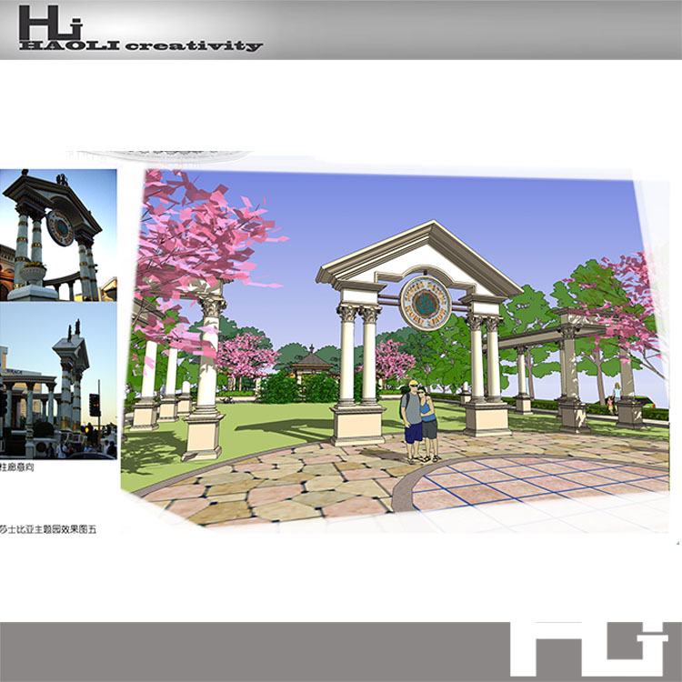 完整欧式美式景观小广场su模型+cad施工图+亭廊小品施工图+效建筑资源