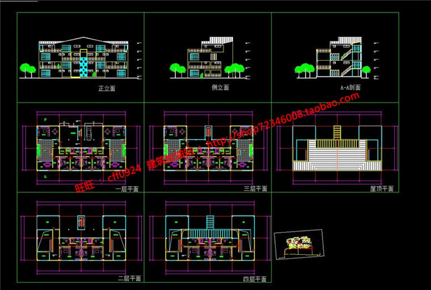 中式园林商业别墅四层民居设计cad图纸平立剖效果图