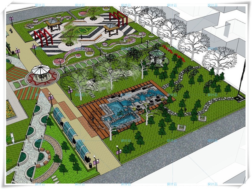 完整社区街道公园景观景观广场水景木廊架亭雕塑模型带CAD平面