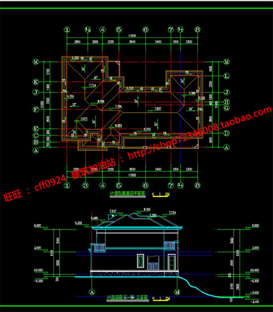 su模型欧式美式小商业别墅cad建筑方案图纸平立剖