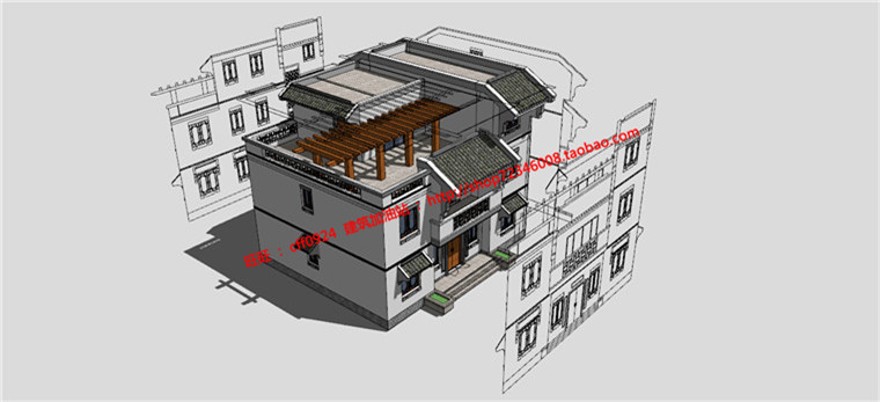 su模型cad图纸效果图psd原件农村商业别墅自建房独栋中式建筑资源