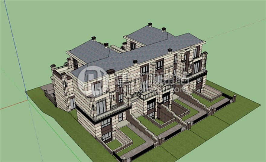 建筑资源26简欧联排商业别墅商业别墅SU模型+cad图纸方案施工图